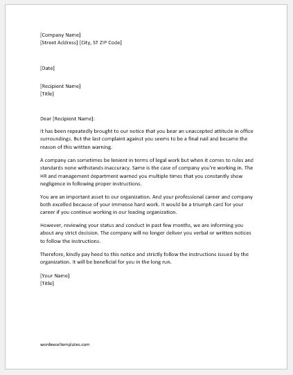 Warning Letter For Disciplinary Action from www.wordexceltemplates.com
