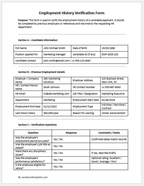 Employment History Verification Form