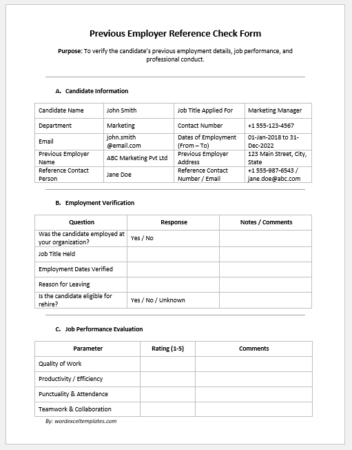 Previous Employer Reference Check Form