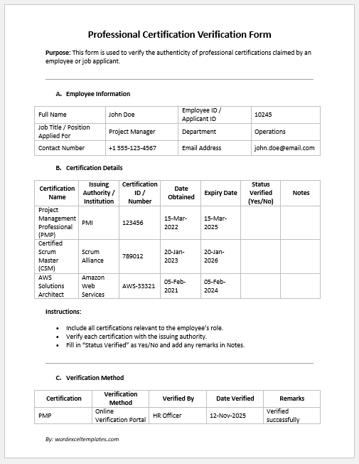 Professional Certification Verification Form