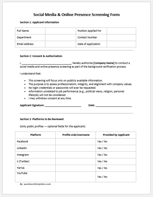 Social Media & Online Presence Screening Form