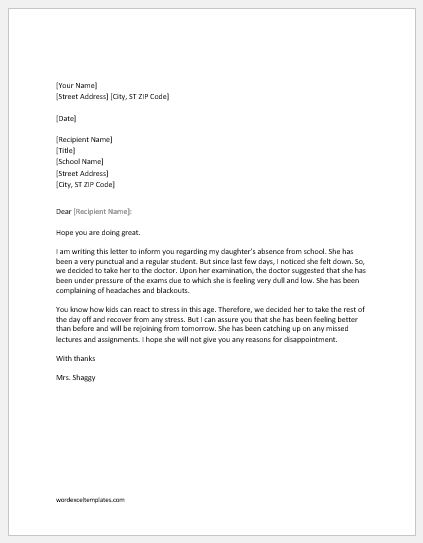 Absence excuse letter to school for illness