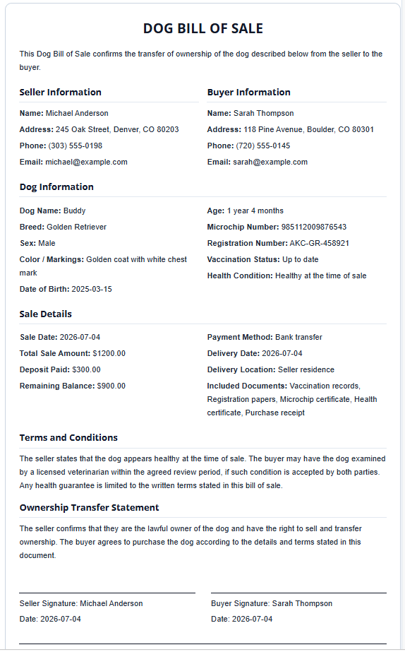Dog Bill of Sale Template