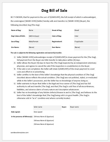 Dog Bill of Sale Template