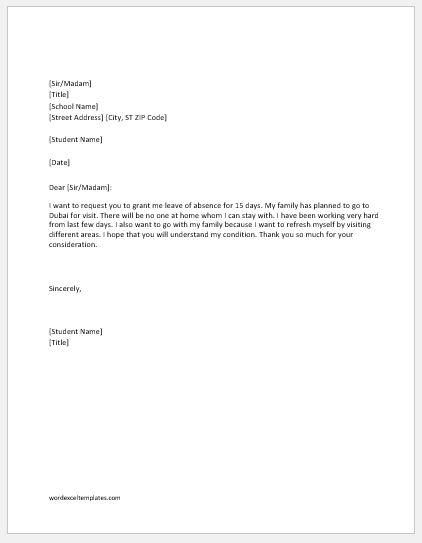 Leave Of Absence Letter Templates from www.wordexceltemplates.com