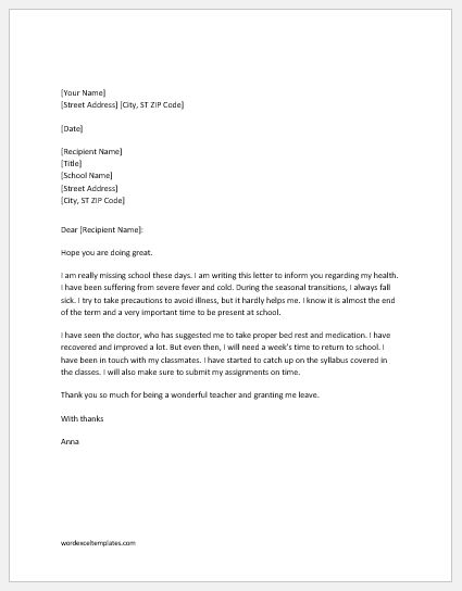 Leave Letter To The Class Teacher from www.wordexceltemplates.com