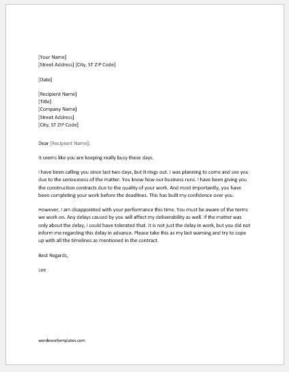 Warning Letter To Contractor For Delay Of Work Word Excel Templates