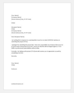 Apology letter in response to the warning letter issued for late submission of project