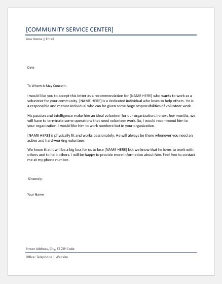 Volunteer Letter Of Recommendation Template from www.wordexceltemplates.com