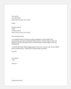 Apology letter to a customer to apologize for wrong advertisement price