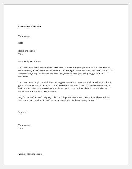 Final Warning Letters Before Dismissal Word Excel Templates