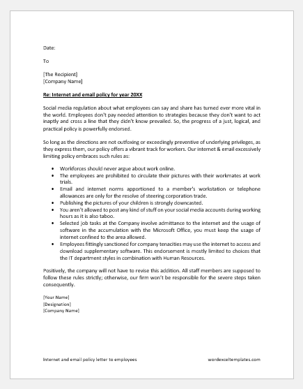 Internet and email policy letter to employees