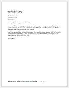 Letter Rejecting Holiday Extension of an Employee and Advising Him to Return to Work