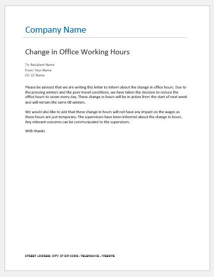 Office Hours Change Notification to Employees