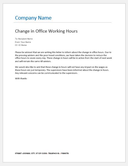 Office Hours Change Notification To Employees Change Business Hours Notice