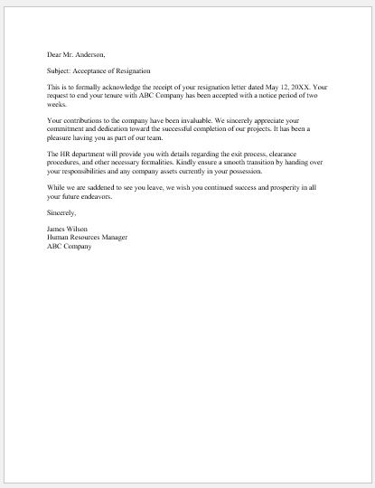 Resignation Acceptance Letter