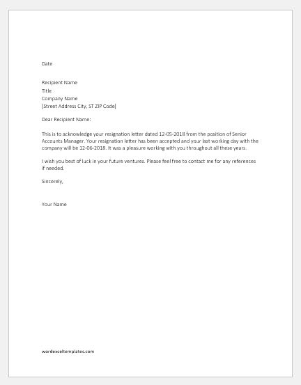 Sample Acceptance Of Resignation Letter From Employer from www.wordexceltemplates.com