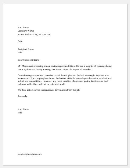 Warning letter to an employee for repeated mistakes