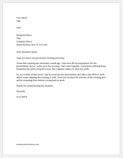 Apology Letter for not Attending Meeting due to Illness