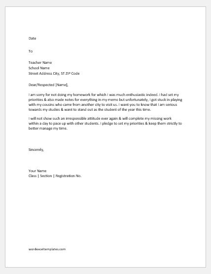 Apology letter to teacher for not doing homework