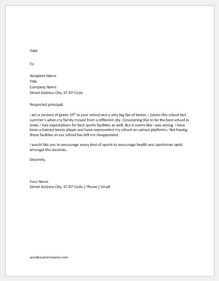 Complaint Letter About Lack of Sports Facilities in School