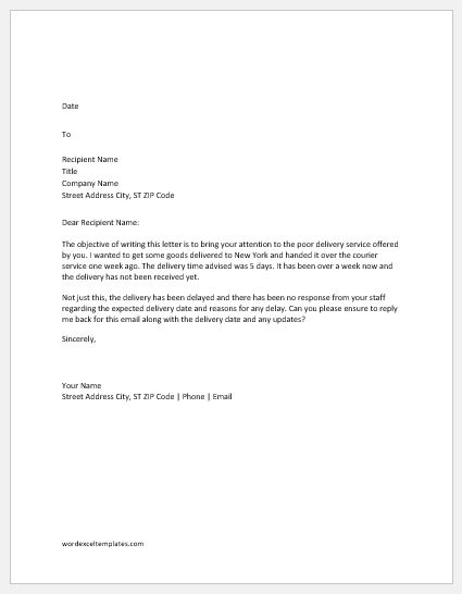 Complaint Letters For Poor Delivery Service Word Excel Templates