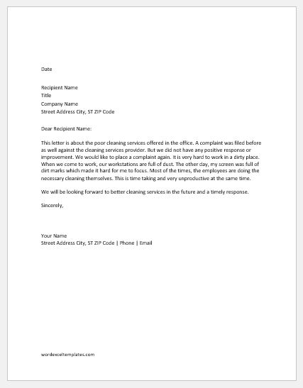 Complaint letter for poor cleaning service