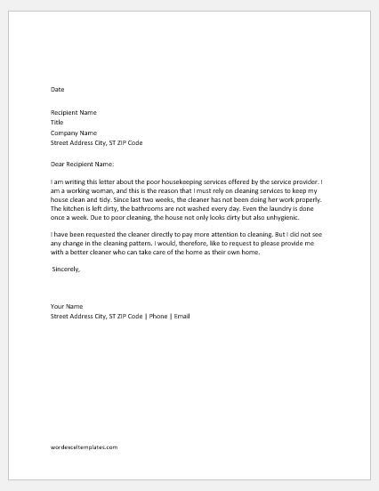 Complaint letter for poor cleaning service