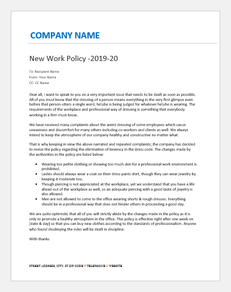 Email to Employees about New Company Policy | Word & Excel ...