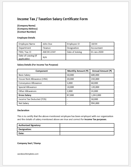 Income Tax /Taxation Salary Certificate Form