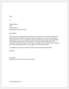 Letter to Contractor for Unsatisfactory Work