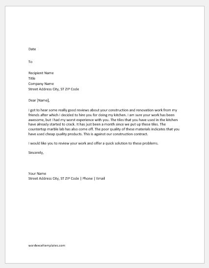 Sample Letter To Contractor For Unfinished Work from www.wordexceltemplates.com