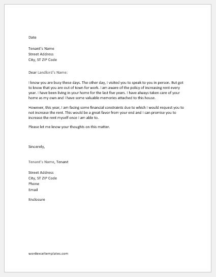 Letter to Landlord for not Increasing Rent
