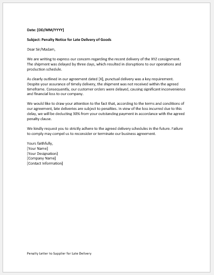 Penalty Letter to Supplier for Late Delivery