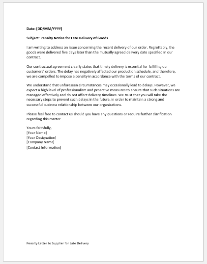 Penalty Letter to Supplier for Late Delivery