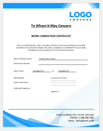 Project completion certificate template