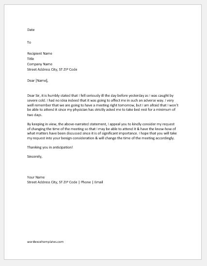 Request letter for change in time of a meeting
