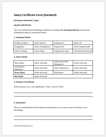 Salary Certificate Form (Standard)