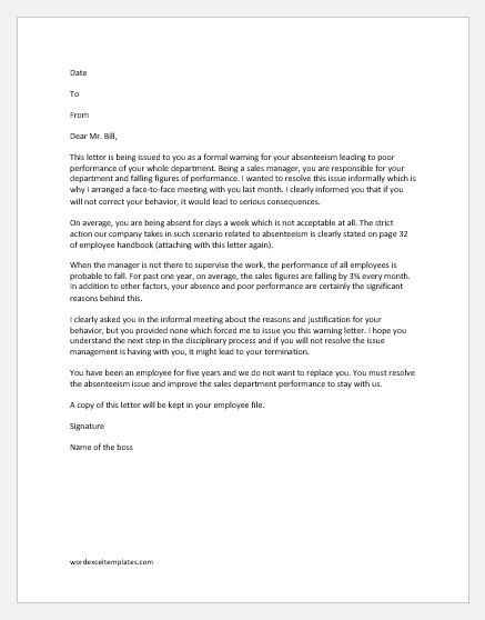 Written Warning Letter For Poor Performance from www.wordexceltemplates.com