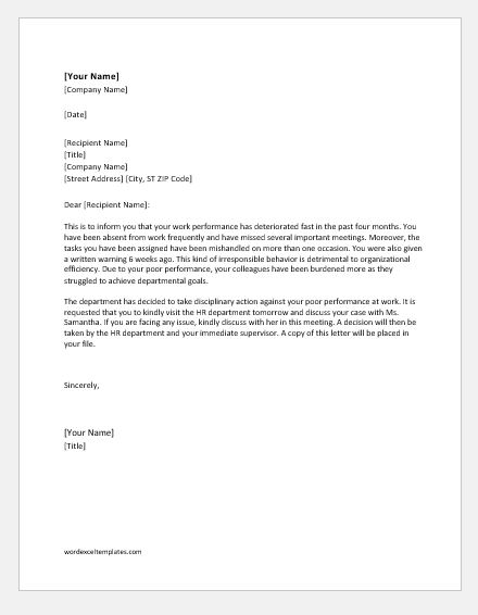 Disciplinary Action Letter For Poor Performance from www.wordexceltemplates.com
