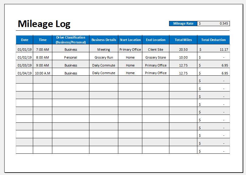 Mileage log template