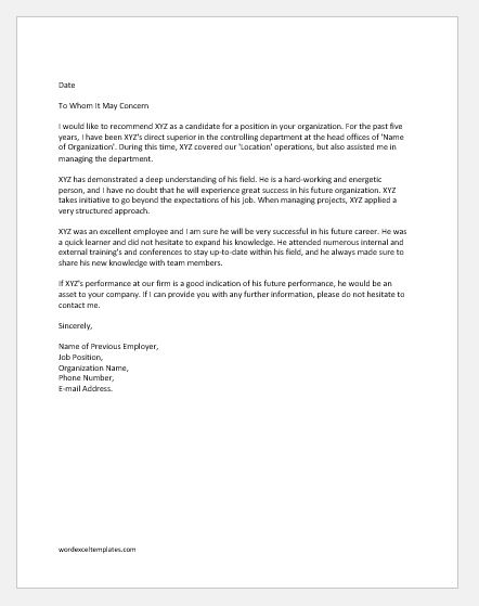 Sample Of Recommendation Letter From Employer from www.wordexceltemplates.com