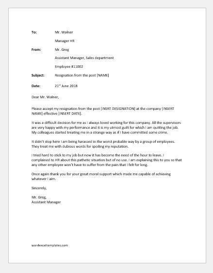 resignation letter due to harassment  word  excel templates