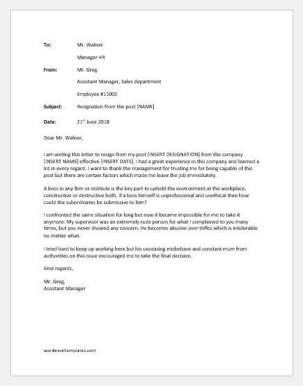 Resignation Letter Due to Unprofessional Boss