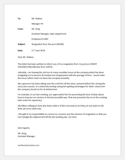 Resignation Letter Unhappy With Management from www.wordexceltemplates.com