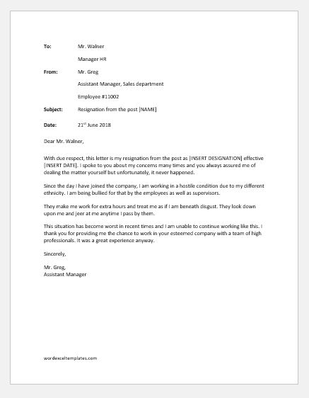 resignation letter due to bullying  word  excel templates