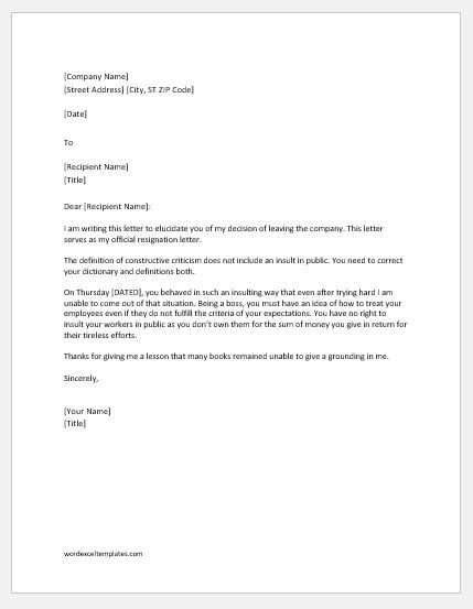 Resignation Letter Due To Humiliation Word Excel Templates