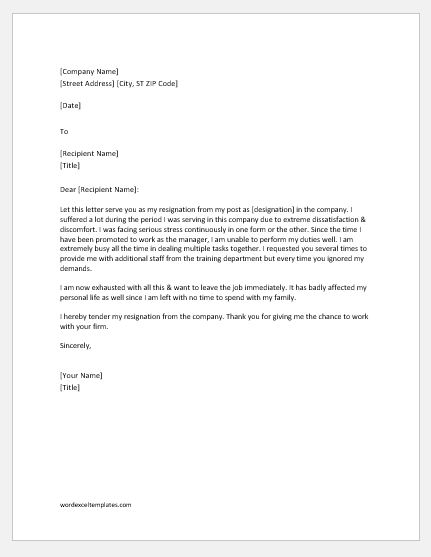 Letter Of Resignation Templates from www.wordexceltemplates.com