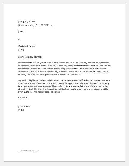 Resignation Letter Due to Unfair Treatment  Word & Excel 