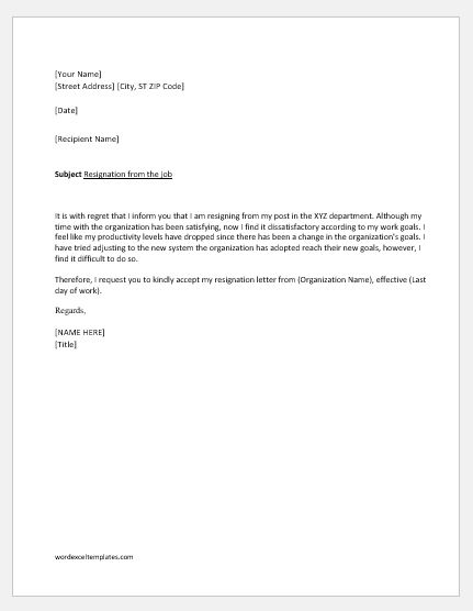 Resignation Letter due to Unsatisfactory work Circumstances